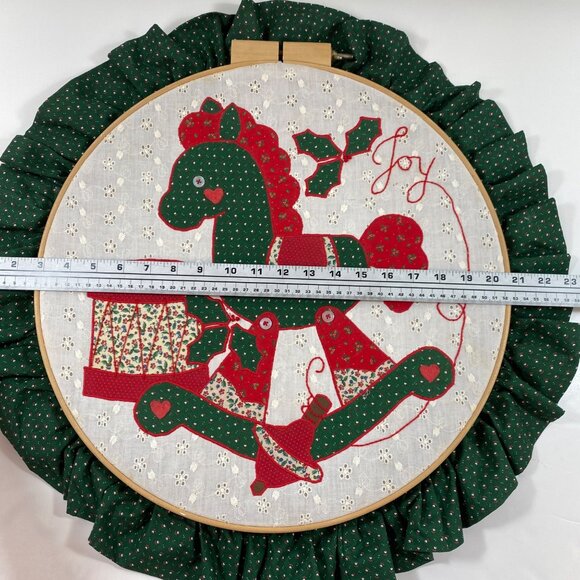 Handmade Christmas Rocking Horse Joy Drum Ruffled Edge Wall Art Embroidery Hoop - Picture 5 of 12